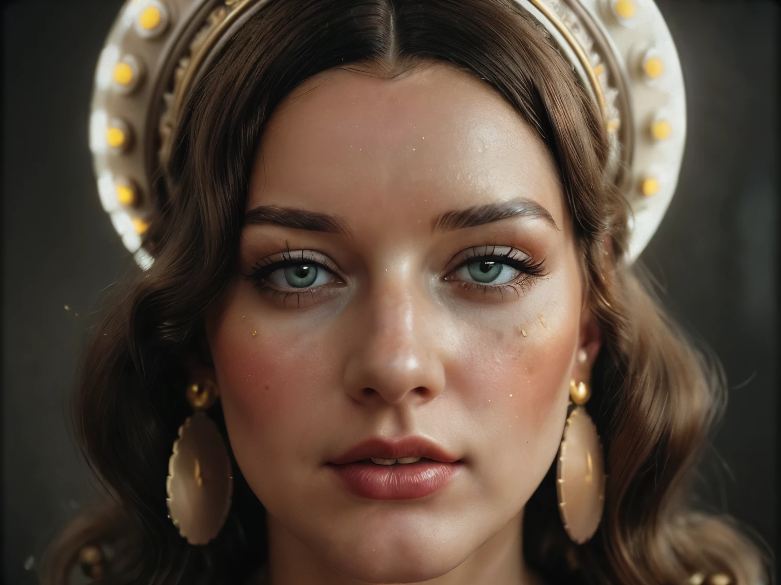 realistic ((vintage film negative:1.6)), ((woman)), wearing large clay ceramic painted wig, ((heavy eccentric LED coat:1.2,) , long draping headpiece beads, (many big dark buttons:1.4), masterpiece photo of a woman wide lunge, (perfect face ), gorgeous mixed culture, stride lunge, long legs with thick healed shoes , cozy luxury the area, lovely private nook, beautiful woman, comfortable dynamic posing, beautiful facial features, looking at the camera, inverse film negative, hazel eyes, 4k RAW, best quality skin details, ultra-detailed, highly detailed eyes, detailed skin pores, intricate eye details, (bold earrings, gold), ((perfectly designed silhouette)), high detailed, (cinematic shot:1.1), PA7_Human-Likeness, PA7_Photo, clear facial features, pastel themed colorgrade . faded film, desaturated, 35mm photo, grainy, vignette, vintage, Kodachrome, highly detailed,