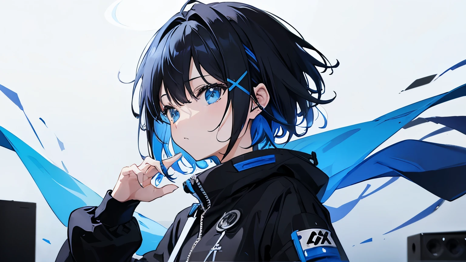 banner for music artist page, color scheme blue, simplistic, modern, y2k, anime idol with short black hair, "X" symbols, techwear