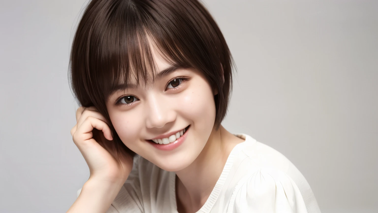 225 Short Hair, 20-year-old woman, A kind smile, (Light-colored short-sleeved clothing)