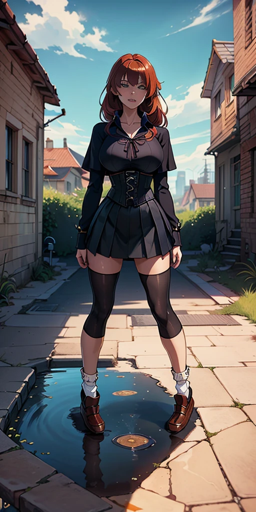 (masterpiece, best quality:1.2, realistic, photo-realistic:1.4) RAW photo, 8k, high resolution, intricate details, extremely detailed, depth of field (full body, front view, socks, loafers:1.8) ANIME_DxD_Rias_Gremory_ownwaifu, Rias Gremory, 1sologirl, a female student standing, very long red hair, bangs, big scar between eyes, hair over large breasts, blue eyes, collarbone, thigh highs, Kuoh academy uniform, black capelet, underbust black corset, collared shirt, long sleeves, miniskirt, layered skirt, purple skirt, black neck ribbon, thighhighs, photo background, outdoors, overgrown, urban ruins, daytime, Sunnyside daytime in hot summer,
(peeing self, urination, large urine puddle, desperate pose for peeing)