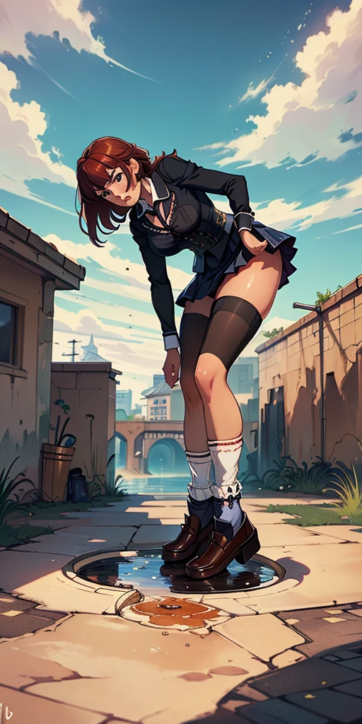 (masterpiece, best quality:1.2, realistic, photo-realistic:1.4) RAW photo, 8k, high resolution, intricate details, extremely detailed, depth of field (full body, front view, socks, loafers:1.8) ANIME_DxD_Rias_Gremory_ownwaifu, Rias Gremory, 1sologirl, a female student standing, very long red hair, bangs, big scar between eyes, hair over large breasts, blue eyes, collarbone, thigh highs, Kuoh academy uniform, black capelet, underbust black corset, collared shirt, long sleeves, miniskirt, layered skirt, purple skirt, black neck ribbon, thighhighs, photo background, outdoors, overgrown, urban ruins, daytime, Sunnyside daytime in hot summer,
(peeing self, urination, large urine puddle, desperate pose for peeing)
