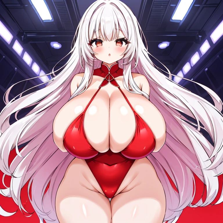 Beautiful Overwhelmingly Busty Girl, ((Extraordinarily Massive Breasts, Overwhelmingly Huge Thighs, Overwhelmingly Thick Thighs, Biggest Breasts, Thickest Thighs, Overly Enormous Breasts, Too Absurdly Huge Breasts)), in an (Extremely Tight, Red Swimsuit, that is barely containing her Increasingly Overinflated Breasts),