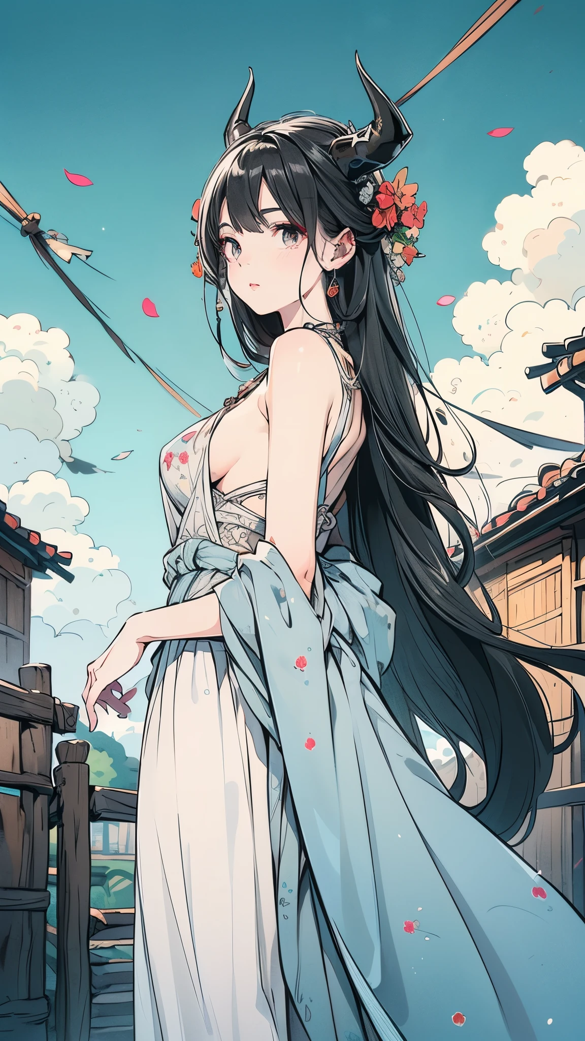 Seven Rhaeyar (Deylta), Ancient Star goddess, Perfect female anatomy (Royalty, Adult Female, pale skin, slim, slender, 34D breast size, ,Long Black Hair, Her eyes are gray, a set of black colored horns on her head), Neutral facial expression, Elegant black uniform dress, Cuban-chain necklace, dragon motifs, silver and rope accessories, View of the open blue sky with only clouds, receiving light from the front, Ethereal glow, blue flowers, blue petals