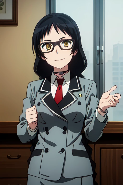 AYAME, GLASSES, BLACK HAIR, BRAID, LONG HAIR, YELLOW EYES, SINGLE BRAID, BLACK-FRAMED EYEWEAR, CHOKER, BANGS, necktie, , choker, jacket, red necktie, blazer, breasts, v-shaped eyebrows, , black-framed eyewear, long sleeves, uniform, medium breasts, grey jacket, 1girl, solo, upper body, facing viewer, looking at viewer, smile,