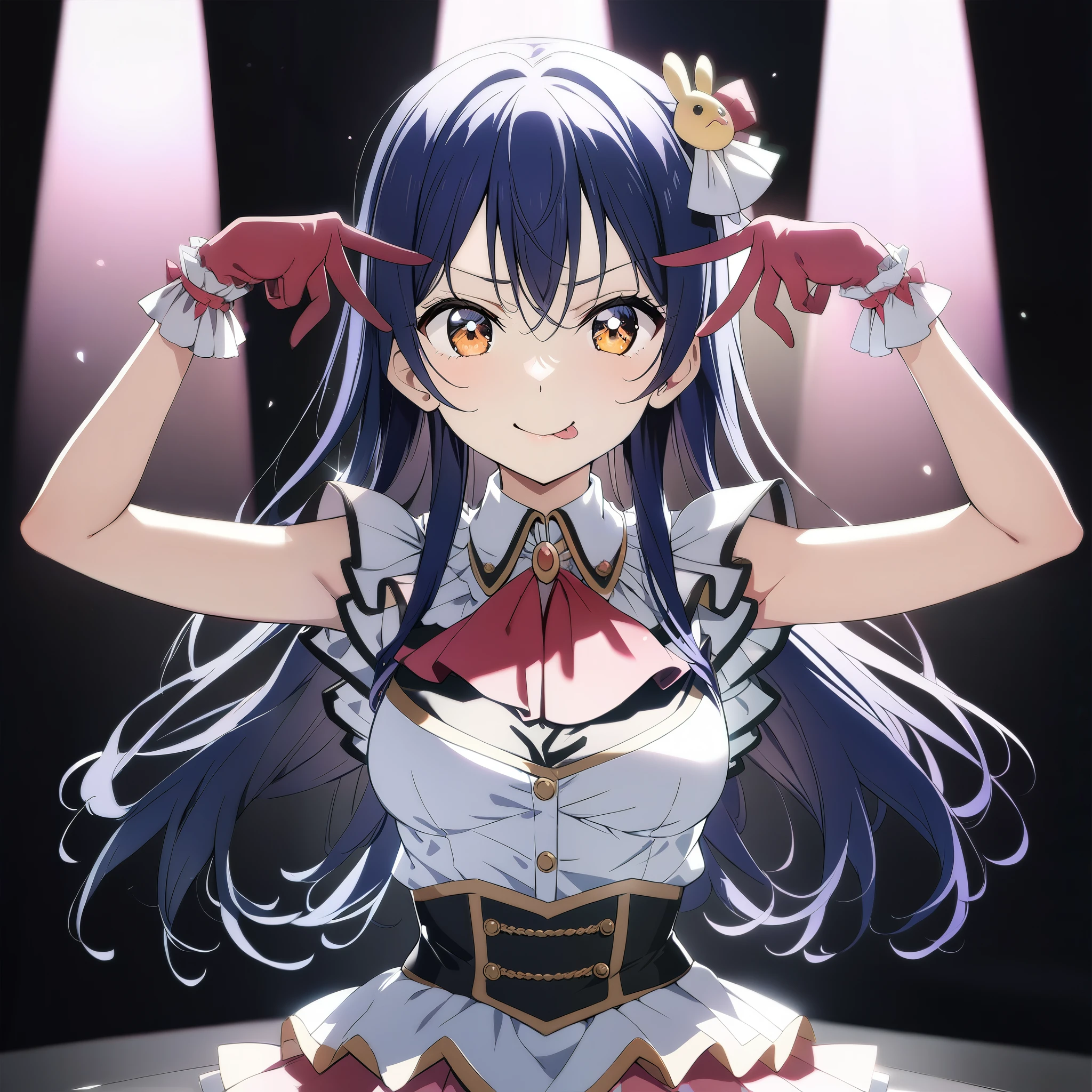 One girl,キャラ全体像whole body、whole body、Waist-high cowboy shot、
Sonoda umi, lovelive!
igo, go_Costumes,
alone,Stage lighting,smile,
oshinokoparody, Sticking out tongue,Double V, Upper Body,
masterpiece, highest quality, Super detailed, High resolution,4K,(Very detailed:1.4) (figure:0.5), (Ray Tracing,:0.8),(Anime Color:0.7),(AI-generated:0.2),