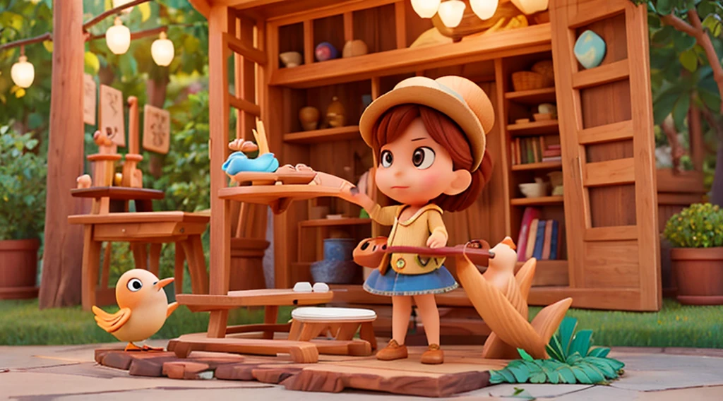 Young woman,Woodcarving Master,Carved Wood Bird,disney pixar animation style