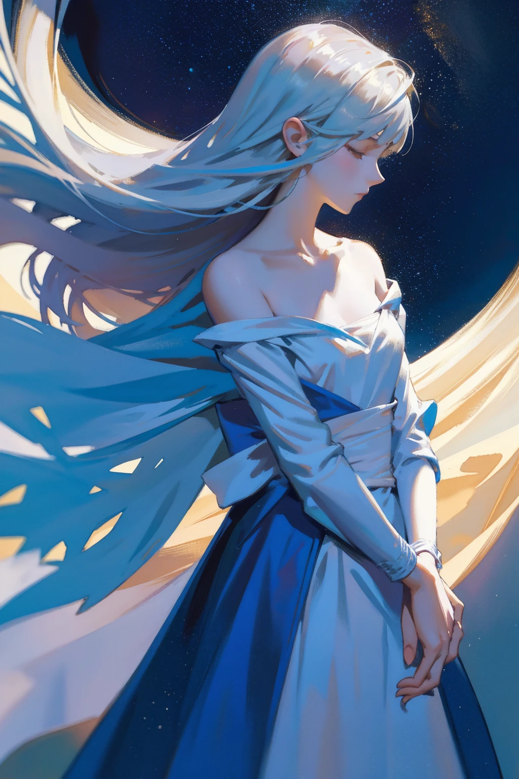 detailed full body portrait,(The girl looks up at the stars),white dresseandy Jürgens (Mandy Jurgens) Realistic paintings created, Perverted, arte figurativa, Detailed depiction of the, realistically, An artwork of, contours, seen from the side, simple backgound, watercolor paiting、Pale shades、Beautiful colors、parfect anatomy、cowboy shot、Girl Closing Her Eyes、Cute, obra de arte, melhor qualidade, high resolution, Serena, cabelo curto, olhos azuis, 1 garota, Sozinho, fita azul, eyelash, coxas pretas, neck ribbon, sem mangas, franja, clavicle, bare arms, vestido rosa, casaco vermelho, ao ar livre, de cima, campo, grama,