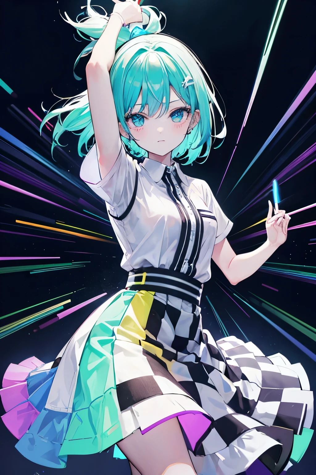 Glow sticks, choreographed dancing, in the dark, white shirt, colored checkered skirt, light trails.