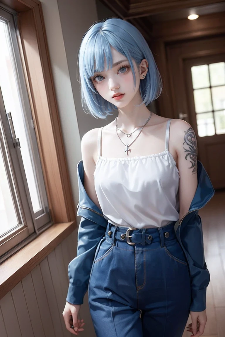 Cinema Lighting、highest quality,Bright cyberpunk world、1 female、(Beautiful 20 year old woman、Beautiful facial detail 、short hair、Shoulder-length hair、blue eyes:1.4)break,Medium Hair、(vivid Shiny BLUEヘアカラー:1.6) break (The perfect dark black jacket blazer、Dark blue trousers:1.3), (White collar shirt👔、Silver Cross Necklace:1.3)、break.(Blue Hair) (stylish, Modern office style、Bright office atmosphere、Large with windows々Stylish and modern office interior、Daytime:1.2)break(Portrait Angle),(((He has many tattoos all over his body)), (((Tight waist))),(See-through),panties