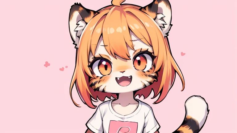 (masterpiece, High quality, Best quality, 8k, High resolution), ((chibii style, chibi cute)), (solo, 1 kid girl), {tiger girl, tiger face, 2 fangs, long eyelashes, eyeliner} {tiger whiskers}, (((Tiger skin all over the body, Tiger stripes on the body))), (orange hair), short hair, hair clip, [[hair clip white flower on hair]], ((very happy)), ((open mouth)), orange eyes, [black pupile], ((looking up)), (very small breasts), thin arms, (one Arm up, one arm down), armpits, ((mini pink T-shirt, full pink T-shirt)), {white shorts}, {{{mini tiger Tail, Tail on the back}}}, (full body), (((standing, jumping chopped angle))), dynamic pose, white background, simple background, ((((Tora-chan no Hanayome style)))), (old anime 40s style), anime style, anime color.