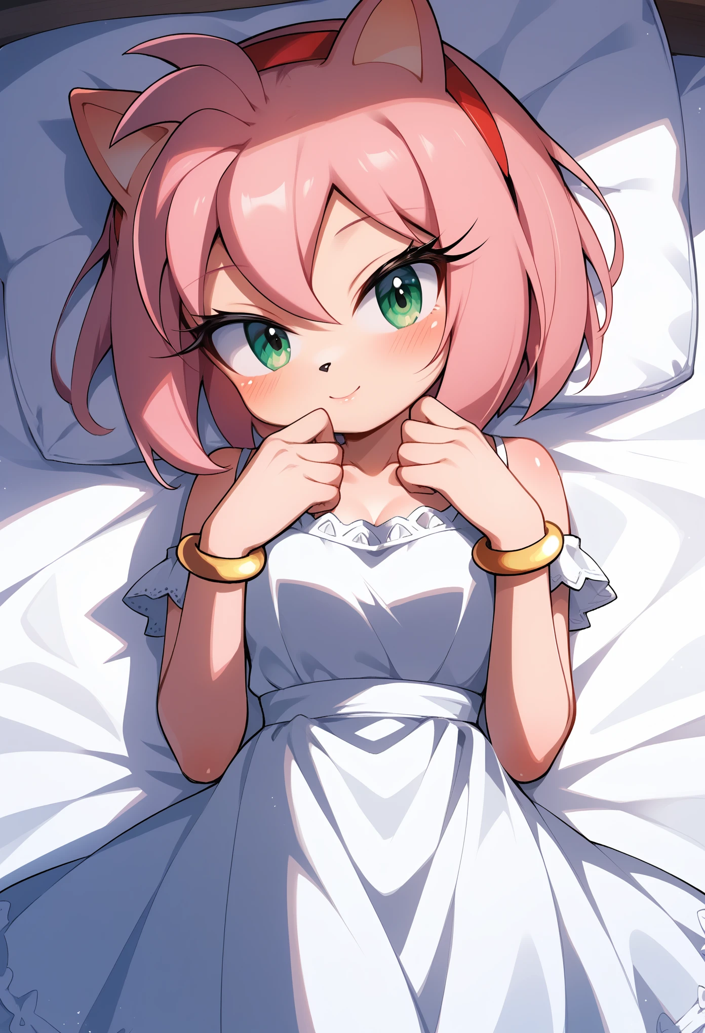 score_9, score_8_up, score_7_up, rating_safe, female, Amy rose, by Akami Mirai, solo, dress, pink skin, looking at viewer, bedroom, lying, blush, 