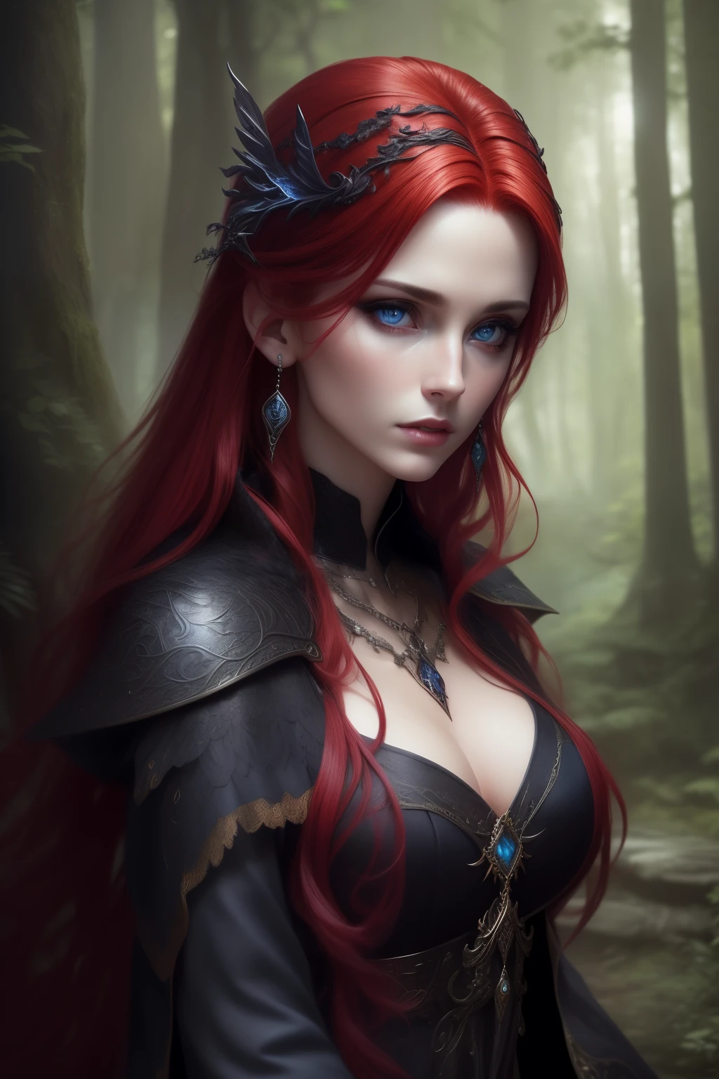 (best quality,4k,8k,highres,masterpiece:1.2),ultra-detailed,(realistic,photorealistic,photo-realistic:1.37), a powerful Sorceress with scarlet hair and piercing blue eyes, black clothes, casting spells in a mystic forest, dark magic