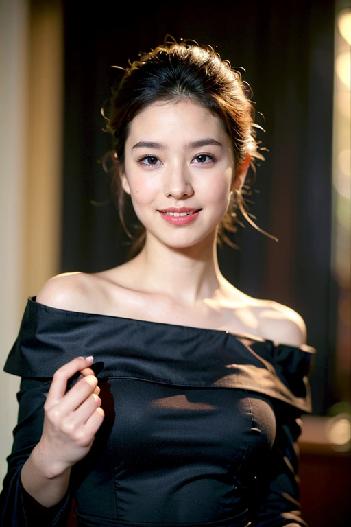 ((highest quality、8k、masterpiece:1.3))、Photorealistic, Sharp focus, high resolution, High resolution,Portraiture, one person、Japanese、woman, beautiful woman, (((black　Off the shoulder　 dress)))、30 years old, Plump, Medium Long Hair,smile