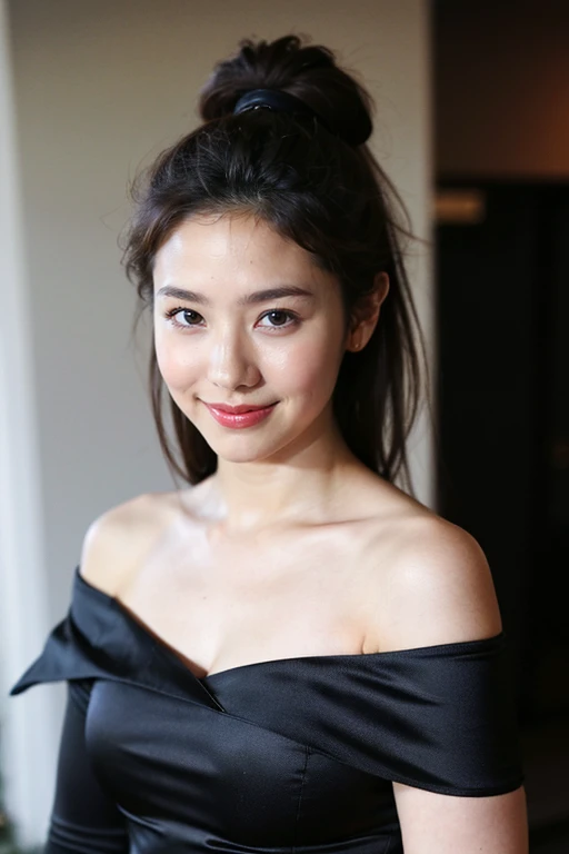 ((highest quality、8k、masterpiece:1.3))、Photorealistic, Sharp focus, high resolution, High resolution,Portraiture, one person、Japanese、woman, beautiful woman, (((black　Off the shoulder　 dress)))、30 years old, Plump, Medium Long Hair,smile