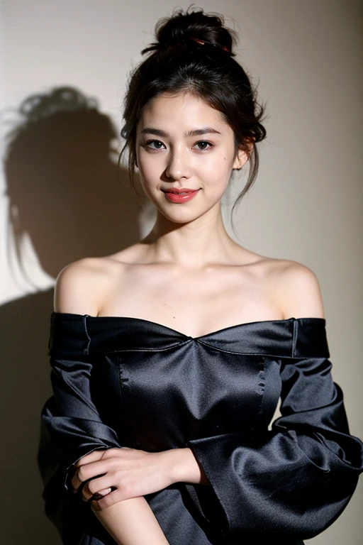 ((highest quality、8k、masterpiece:1.3))、Photorealistic, Sharp focus, high resolution, High resolution,Portraiture, one person、Japanese、woman, beautiful woman, (((black　Off the shoulder　 dress)))、30 years old, Plump, Medium Long Hair,smile