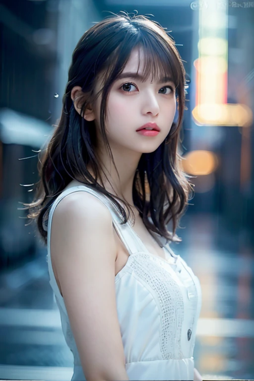Random Pause, Mix 4, (8k, RAW Photos, highest quality, masterpiece: 1.2), (Realistic, Realistic: 1.37), a girl, cute, Cityscape, night, rain, Wet, Professional Lighting, Photon Mapping, Radio City, Physically Based Rendering, Gradient Brunette, Gray Hair, Short Curls, good looking, girl, White jersey, High quality photos, High resolution, 1080p, (Clear Face), (Detailed face description), (Detailed hand description), (masterpiece), (Exquisite CGI), Extreme light and shadow, Messy Hair, masterpiece, Rich details, (Beautiful Faces), (highest qualityの写真), (masterpiece), (Fine grain), Look in front of you, Thin clavicle, Medium chest