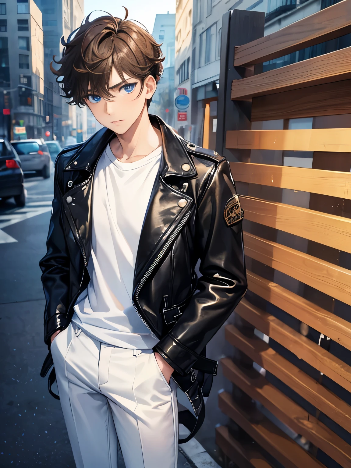 1boy,guy,Standing, expression alert,half body photo,18 years old,Curly hair,blue eyes,medium hair,undercut hairstyle,light brown hair,black jacket,Leather jacket,white t-shirt,white trousers,morning,ultra detail,masterpiece