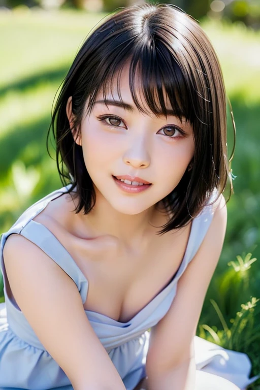 (highest quality:1.5)、(Realistic:1.5)、(1 person:1.5)、(Upper Body:1.5)、Very detailed、High resolution、8k wallpaper、、Small breasts、Natural color lips、Cute Smile、Japanese women、20-year-old girl、Beautiful and elegant face、Perfect and beautiful face、Big eyes、Brunette's eyes、Beautiful and elegant face、Natural double eyelids、Natural Bangs、Beautiful thin nose、Beautiful Skin、Chestnut Hair、Medium Bob Hair、short hair、Natural Bangs、Perfect and beautiful face、Slim face and figure、(Staring at the camera with a cute expression)、Bright lighting、Professional Lighting、Forward lighting、Cute Smile、Summer blue sky、Mountain Grass Park、Look at the viewers、Low angle composition、(Staring at the camera with a cute expression)、Bright lighting、Professional Lighting、Forward lighting、Cute Smile、Beautiful clavicle、Beautiful legs:1.2、Smooth skin、White floral dress、Sit on the grass、wariza, Place your hands between your legs、please sit down、Leaning forward、Shots from low angles、Sitting Girl、seiza、