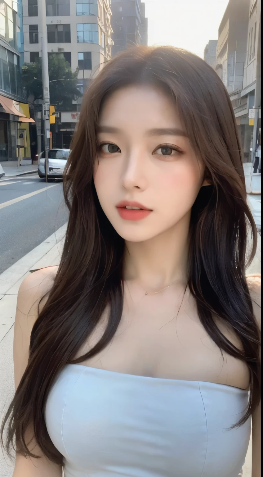 ((highest quality, 8k, masterpiece: 1.3)), concentrated: 1.2, Perfect body beauty: 1.4, Hips: 1.2, ((Long Hair, Big Breasts: 1.2)), (sunny, street:1.3), Bandeau dress: 1.1, Highly detailed face and skin texture, Beautiful Eyes, double eyelid, White skin, Long Hair, (shut up: 1.3), whole body