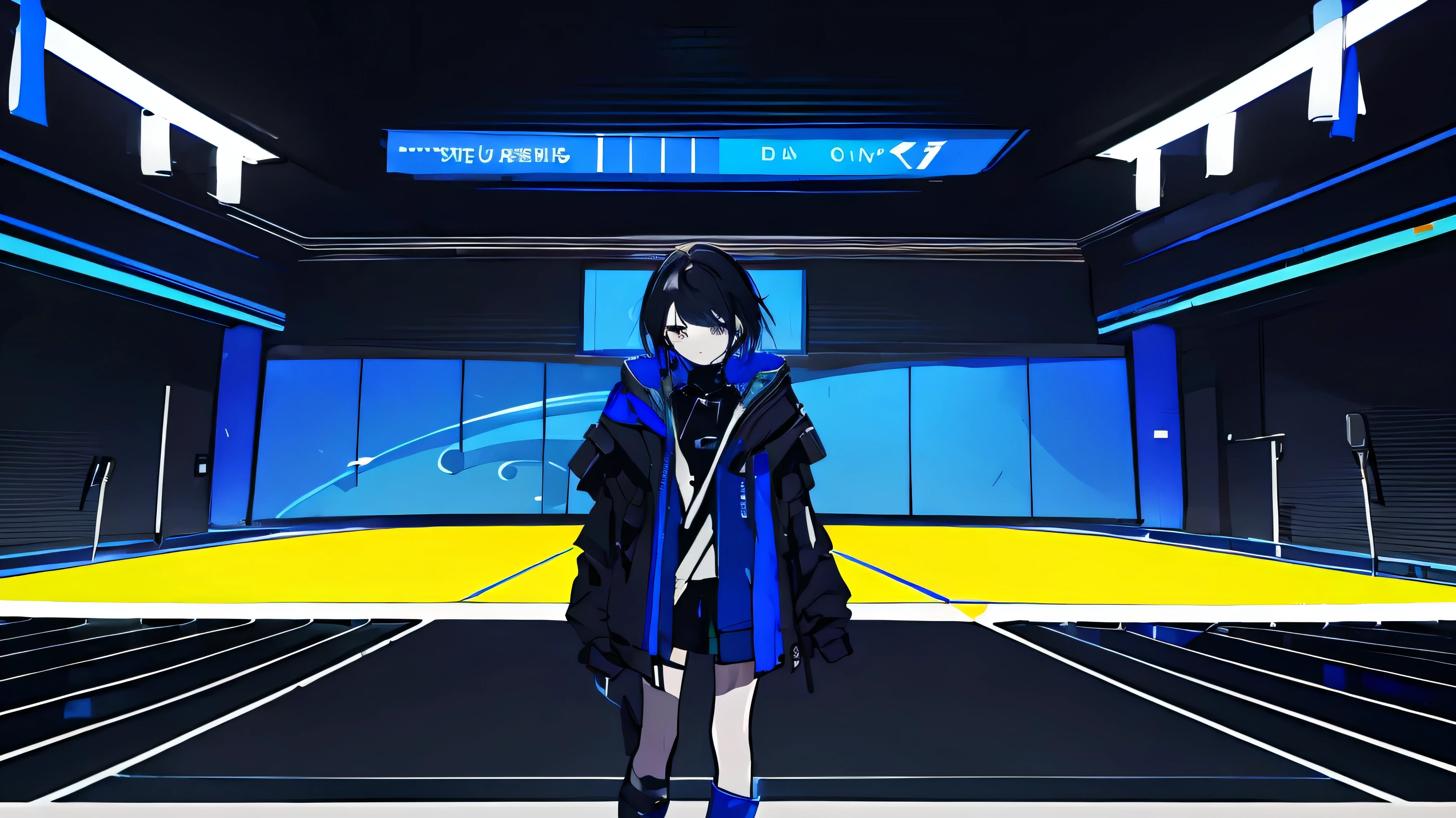 banner for music artist page, color scheme blue, simplistic, modern, y2k, anime idol with short black hair, "X" symbols, techwear