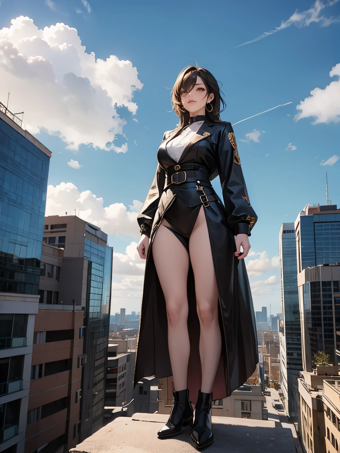 A giantess stands above the city