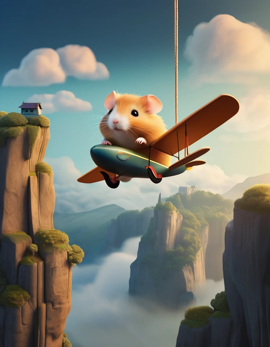 Scenography，Very unified CG design，（Cute hamster hanging on a wooden airplane by a long rope），background：Between two mist-shrouded cliffs，
Pixar style，Felicia Simien and Studio Ghibli-style minimalist photography，Produced by Pixar，Maximalism，art，light，Negative Space，Dark Arts，Surrealism，Ukiyo-e，