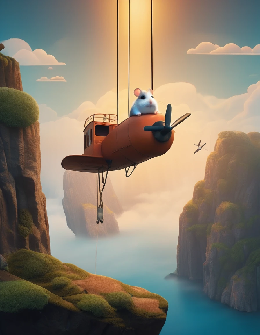 Scenography,Very unified CG design,(Cute hamster hanging on a wooden airplane by a long rope),background:Between two mist-shrouded cliffs,
Pixar style,Felicia Simien and Studio Ghibli-style minimalist photography,Produced by Pixar,Maximalism,art,light,Negative Space,Dark Arts,Surrealism,Ukiyo-e,