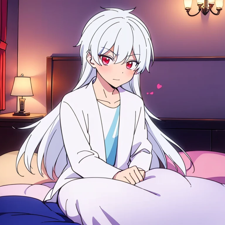 Chico adolecente sentada en una cama mirando hacia una ventana con un poco de sonrojo en su cara, The boy was a bit feminine and had red eyes and white hair and his hair was a bit long.