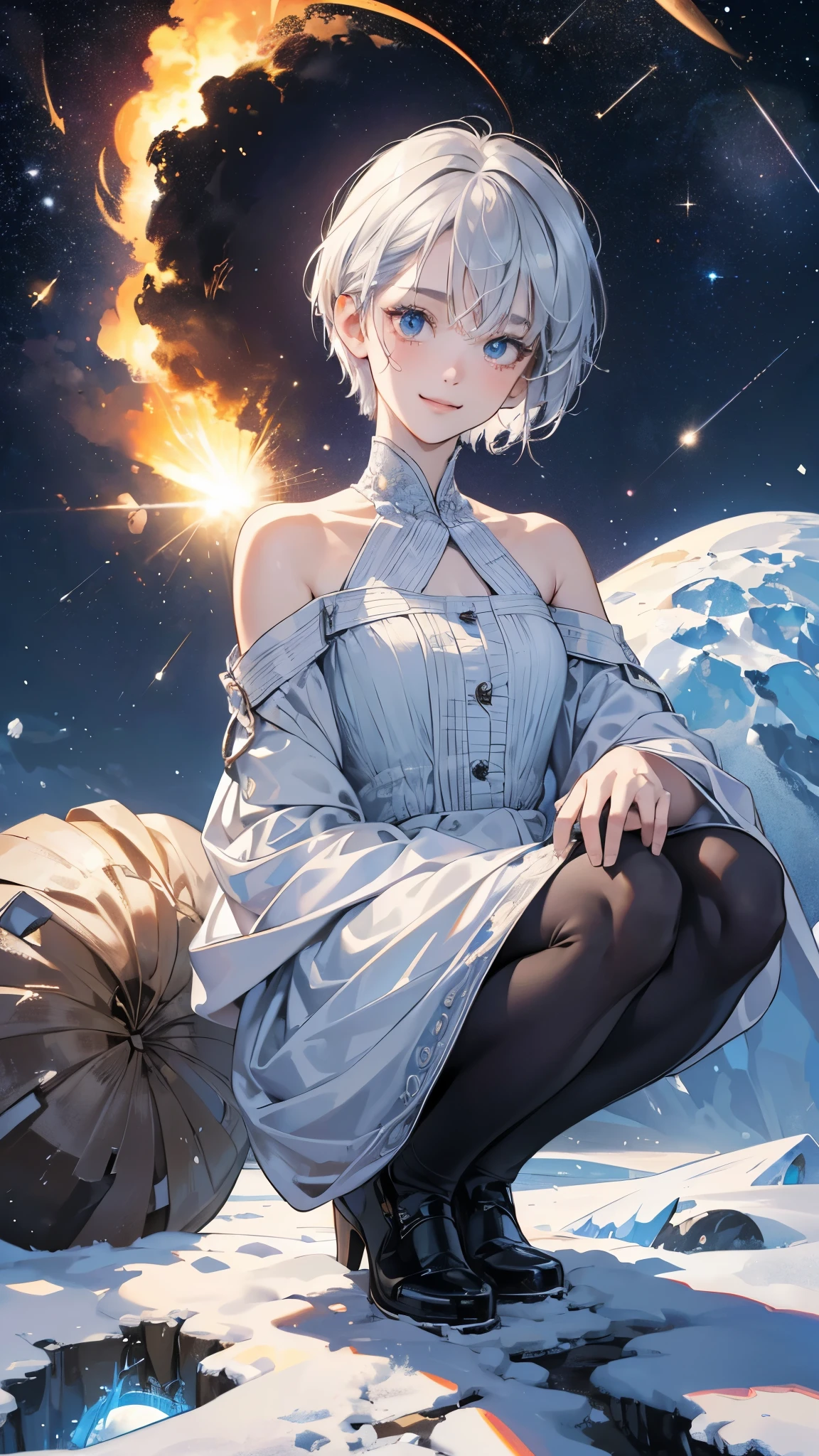 (perfect anatomy:1.2)(absurdres, highres, ultra detailed),masterpiece,best quality,high resolution,8k,Realistic face,Realistic skin texture,magnified textures, stunning clarity,detailed anime girl,(ultra detailed eyes and face), girl,silver hair,short cut,(happy:1.7),fair skin,jazzy dress,Shoulder Bare,,(Snowfield),(midnight),(blizzard),(Meteor shower:1.3),cowboy shot,(look down viewer:1.5),cowboy shot,squatting,(from below),