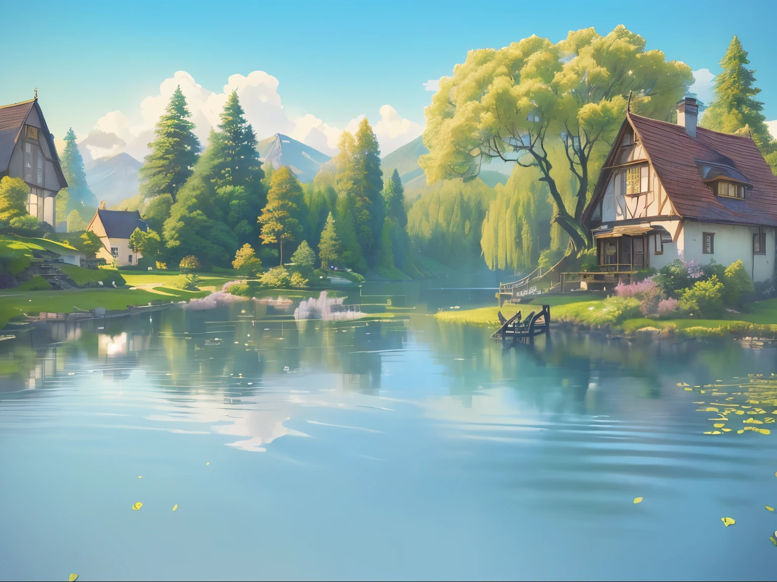 A painting with a small lake、A house and a tree, background technologywork, Fairy tale style background, anime rural scenery, Beautiful fairy tale, Stylized as 3D rendering, background technology, Animation stills, Whimsical fantasy landscape art, Realistic establishing shots, Fantasy painting，Lovely, Detailed scenery —width 672, 3D rendering style, Official illustrations