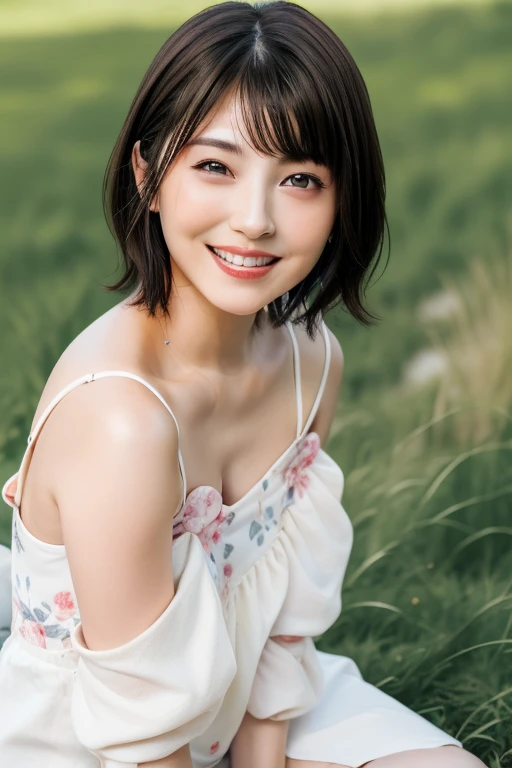 (highest quality:1.5)、(Realistic:1.5)、(1 person:1.5)、(Upper Body:1.5)、Very detailed、High resolution、8k wallpaper、、Small breasts、Natural color lips、Cute Smile、Japanese women、20-year-old girl、Beautiful and elegant face、Perfect and beautiful face、Big eyes、Brunette's eyes、Beautiful and elegant face、Natural double eyelids、Natural Bangs、Beautiful thin nose、Beautiful Skin、Chestnut Hair、Medium Bob Hair、short hair、Natural Bangs、Perfect and beautiful face、Slim face and figure、(Staring at the camera with a cute expression)、Bright lighting、Professional Lighting、Forward lighting、Cute Smile、Summer blue sky、Mountain Grass Park、Look at the viewers、Low angle composition、(Staring at the camera with a cute expression)、Bright lighting、Professional Lighting、Forward lighting、Cute Smile、Beautiful clavicle、Beautiful legs:1.2、Smooth skin、White floral dress、Sit on the grass、wariza, Place your hands between your legs、please sit down、Leaning forward、Shots from low angles、Sitting Girl、seiza、