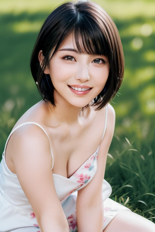(highest quality:1.5)、(Realistic:1.5)、(1 person:1.5)、(Upper Body:1.5)、Very detailed、High resolution、8k wallpaper、、Small breasts、Natural color lips、Cute Smile、Japanese women、20-year-old girl、Beautiful and elegant face、Perfect and beautiful face、Big eyes、Brunette's eyes、Beautiful and elegant face、Natural double eyelids、Natural Bangs、Beautiful thin nose、Beautiful Skin、Chestnut Hair、Medium Bob Hair、short hair、Natural Bangs、Perfect and beautiful face、Slim face and figure、(Staring at the camera with a cute expression)、Bright lighting、Professional Lighting、Forward lighting、Cute Smile、Summer blue sky、Mountain Grass Park、Look at the viewers、Low angle composition、(Staring at the camera with a cute expression)、Bright lighting、Professional Lighting、Forward lighting、Cute Smile、Beautiful clavicle、Beautiful legs:1.2、Smooth skin、White floral dress、Sit on the grass、wariza, Place your hands between your legs、please sit down、Leaning forward、Shots from low angles、Sitting Girl、seiza、