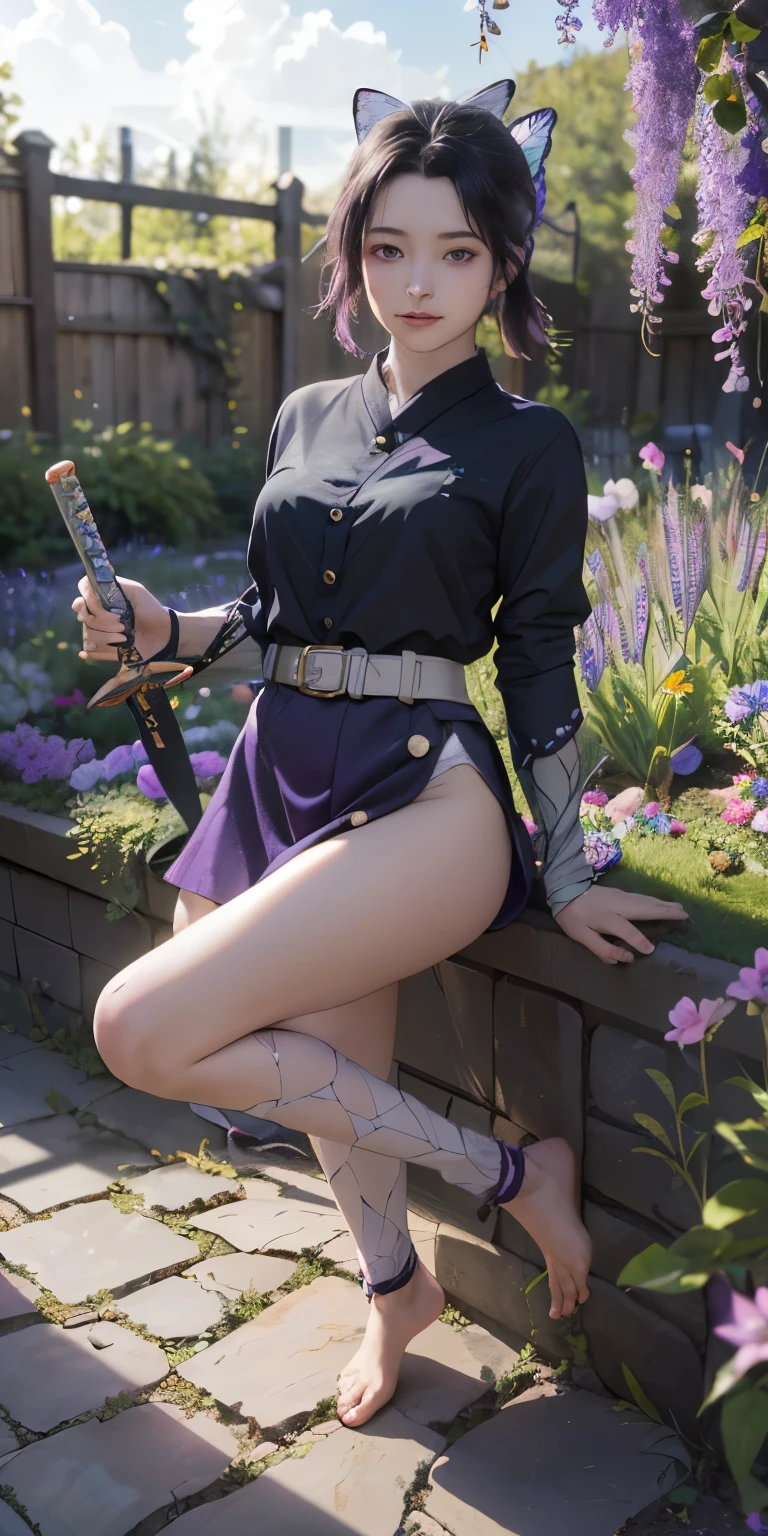 Ultra-realistic 8K CG, masterpiece,(mini skirtBare feet and white panties:1.4) close, (Weapons in hand: 1.2), (attack: 1.2), beauty, goddess, (Bare feet and white panties:1.3),from the front, face sticking out, (Highly detailed background, Delicate pattern, Intricate details)), high quality, highly detailed face, (超mini skirtから見える白いパンティ生脚:1.4)、Highly detailed eyes and face, Highly detailed eyes, kocho shinobi, Colorful Hair, No bangs, Hair intake, Purple eyes, amount, Black Shirt, Black trousers (Haori, butterfly, button, belt, (garden: 1.2), Purple Flower, Little, cloudy null, sunlight, Tyndall effect, Exy、slope_null, face, gorgeous null, sword on waist,Ultra-realistic 8K CG, masterpiece,(mini skirt:1.4) close, (Weapons in hand: 1.2), (attack: 1.2), beauty, goddess, from the front, face sticking out, (Highly detailed background, Delicate pattern, Intricate details)), high quality, highly detailed face, Highly detailed eyes and face, Highly detailed eyes, kocho shinobi, Colorful Hair, No bangs, Hair intake, Purple eyes, amount, Black Shirt, Black trousers (Haori, butterfly, button, belt, (garden: 1.2), Purple Flower, Little, cloudy null, sunlight, Tyndall effect, slope_null, face, gorgeous null, sword on waist,