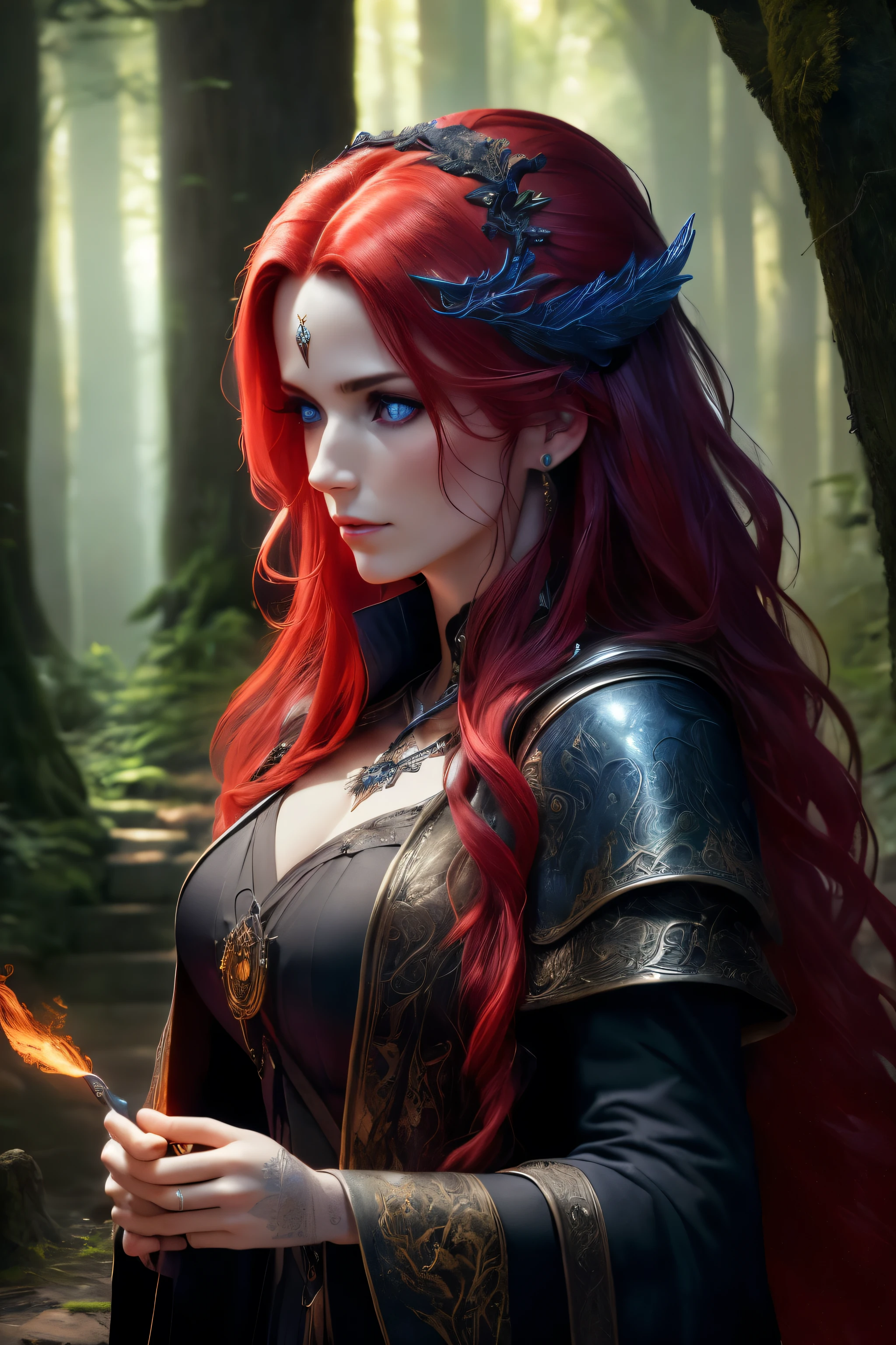 (best quality,4k,8k,highres,masterpiece:1.2),ultra-detailed,(realistic,photorealistic,photo-realistic:1.37), a powerful Sorceress with scarlet hair and piercing blue eyes, black clothes, casting spells in a mystic forest, dark magic