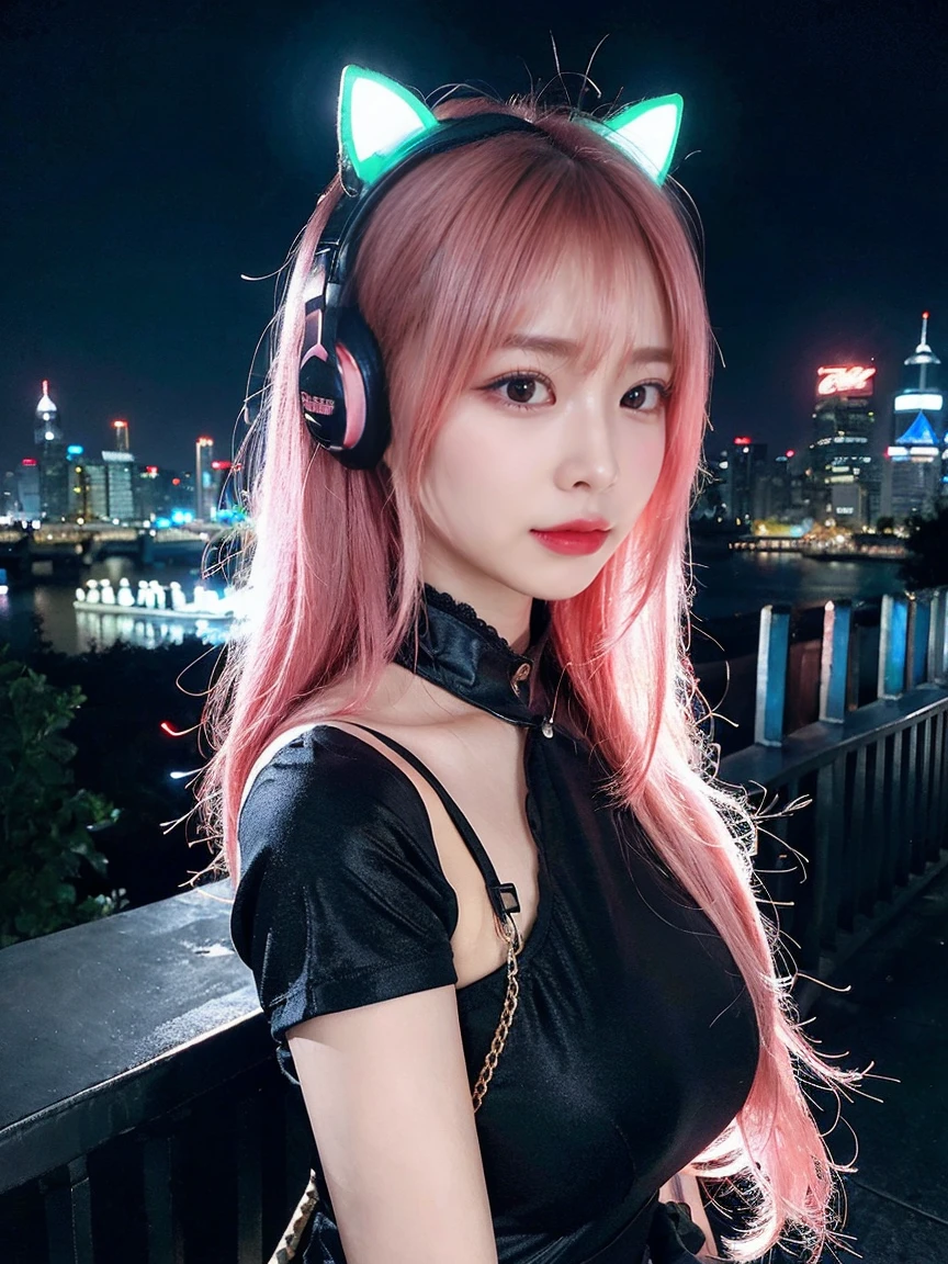 最high quality, masterpiece, 32k、Very detailed、Realistic、1 girl, Japanese women、Cute face, (photo Actual:1.3),Bob Hair(red pink hair color、Pink Hairstyles)、Edge lighting, (Skin with attention to detail:1.2), 8k超High resolution, Single-lens reflex camera, high quality, High resolution, 4K, 8k, Optimal ratio of four fingers to one thumb, (Actual:1.3), cute 1 girl, Realistic、Super Realistic、32k、Very detailed、masterpiece, 最high quality, beautiful girl, beauty、Mecha, Beautiful lighting, (Neon Light:1.2), (night:1.5), leotard、High Grade、Cyberpunk Costume、Large Breasts(Big Tits、With a valley)Cat ear headphones、Are standing、Cyber Neon、Future City、Skyscraper、都会のnight、Shanghai、Big cities、night景、綺麗なnight景