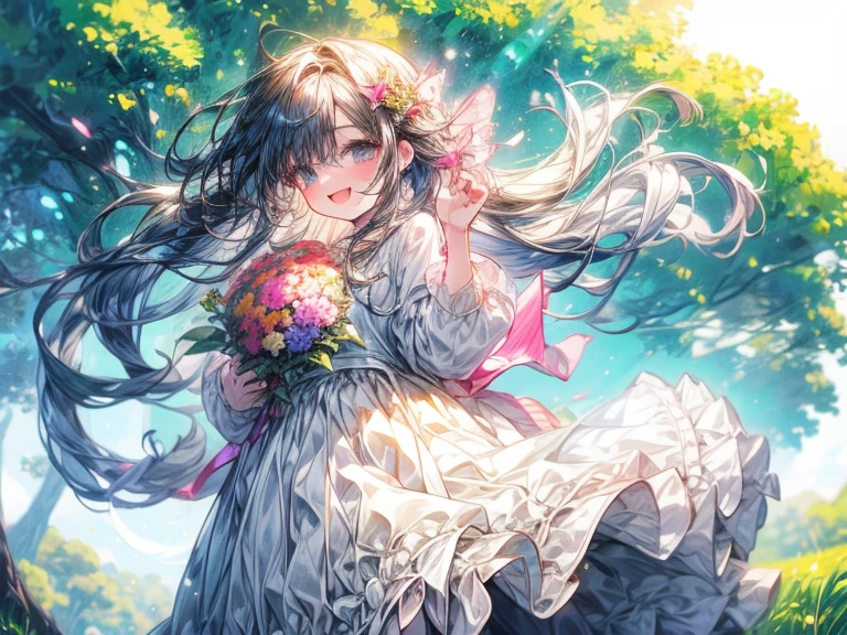 Beautiful and happy girl in 2D, listening to music in a grass and trees and the background that is blurred and that it is daytime with sun and relaxed atmosphere