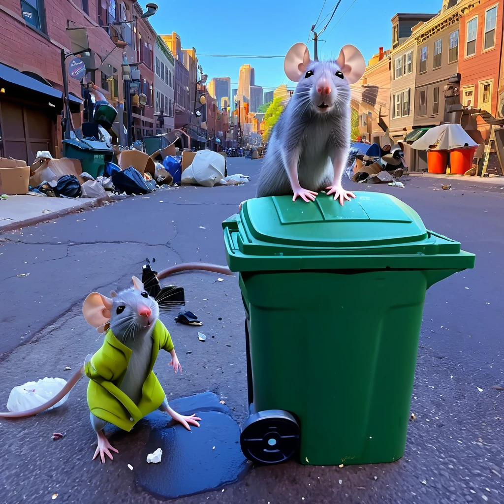 Pixar style rats taking selfies in front of a garbage can, a fashionably dressed influencer rat acts like the trash is gross while other rats feast