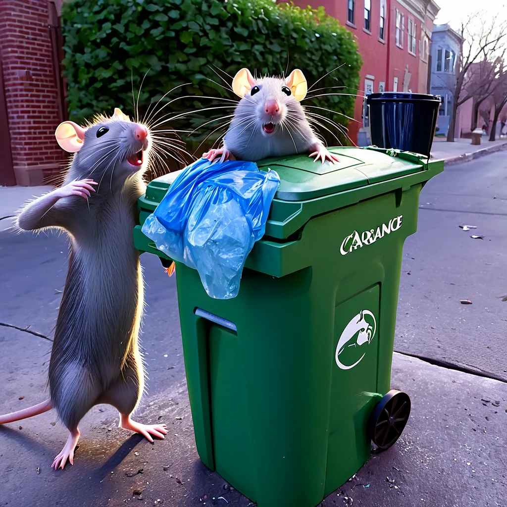Pixar style rats taking selfies in front of a garbage can, a fashionably dressed influencer rat acts like the trash is gross while other rats feast
