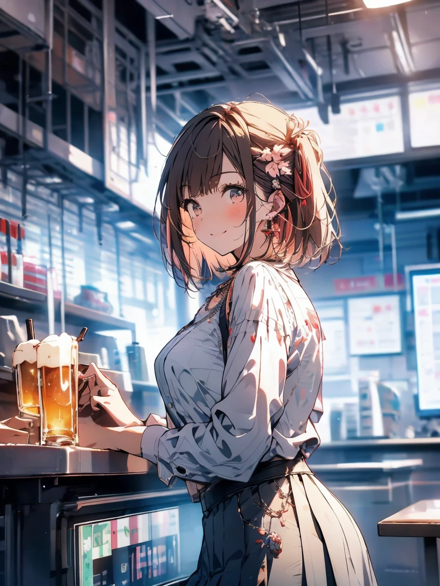 2 girl, office lady, large breast, wearing pink shirt, ivory pleated skirt, wind blows up the skirt, necklace, earrings, brown hair, cute face, smile, blushing, leaning forward, drink beer, restaurant, cherry blossom, back view, backward, low angle, angle of view looking up from below, pop-up, UHD, masterpiece, best quality