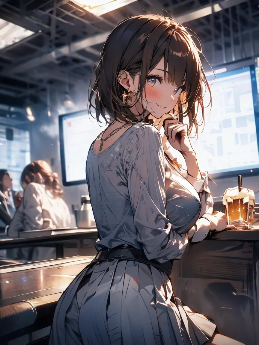 2 girl, office lady, large breast, wearing pink shirt, ivory pleated skirt, wind blows up the skirt, necklace, earrings, brown hair, cute face, smile, blushing, leaning forward, drink beer, restaurant, cherry blossom, back view, backward, low angle, angle of view looking up from below, pop-up, UHD, masterpiece, best quality