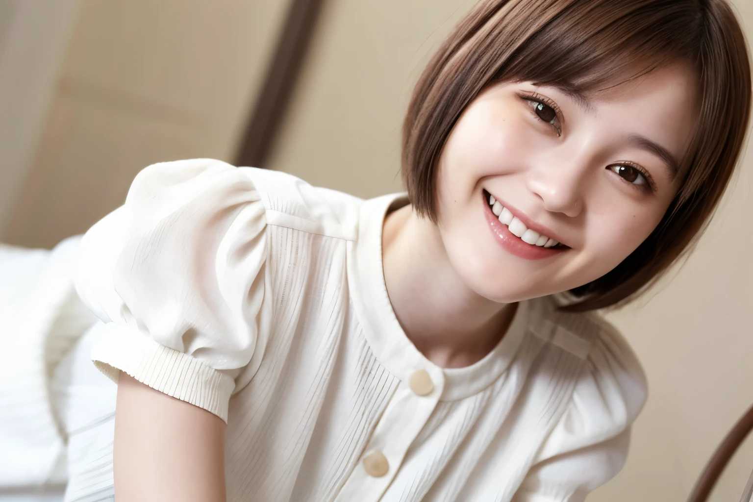 225 Short Hair, 20-year-old woman, A kind smile, (Light-colored short-sleeved clothing)