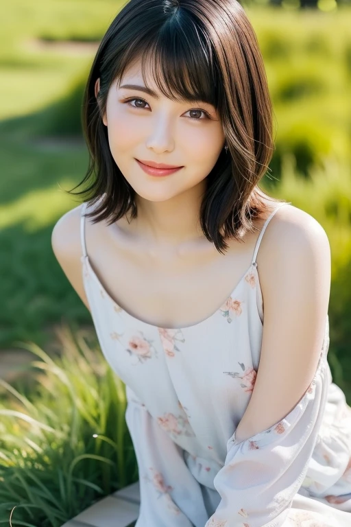 (highest quality:1.5)、(Realistic:1.5)、(1 person:1.5)、(Upper Body:1.5)、Very detailed、High resolution、8k wallpaper、、Small breasts、Natural color lips、Cute Smile、Japanese women、20-year-old girl、Beautiful and elegant face、Perfect and beautiful face、Big eyes、Brunette's eyes、Beautiful and elegant face、Natural double eyelids、Natural Bangs、Beautiful thin nose、Beautiful Skin、Chestnut Hair、Medium Bob Hair、short hair、Natural Bangs、Perfect and beautiful face、Slim face and figure、(Staring at the camera with a cute expression)、Bright lighting、Professional Lighting、Forward lighting、Cute Smile、Summer blue sky、Mountain Grass Park、Look at the viewers、Low angle composition、(Staring at the camera with a cute expression)、Bright lighting、Professional Lighting、Forward lighting、Cute Smile、Beautiful clavicle、Beautiful legs:1.2、Smooth skin、White floral dress、Sit on the grass、wariza, Place your hands between your legs、please sit down、Leaning forward、Shots from low angles、Sitting Girl、seiza、