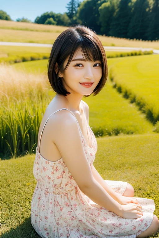 (highest quality:1.5)、(Realistic:1.5)、(1 person:1.5)、(Upper Body:1.5)、Very detailed、High resolution、8k wallpaper、、Small breasts、Natural color lips、Cute Smile、Japanese women、20-year-old girl、Beautiful and elegant face、Perfect and beautiful face、Big eyes、Brunette's eyes、Beautiful and elegant face、Natural double eyelids、Natural Bangs、Beautiful thin nose、Beautiful Skin、Chestnut Hair、Medium Bob Hair、short hair、Natural Bangs、Perfect and beautiful face、Slim face and figure、(Staring at the camera with a cute expression)、Bright lighting、Professional Lighting、Forward lighting、Cute Smile、Summer blue sky、Mountain Grass Park、Look at the viewers、Low angle composition、(Staring at the camera with a cute expression)、Bright lighting、Professional Lighting、Forward lighting、Cute Smile、Beautiful clavicle、Beautiful legs:1.2、Smooth skin、White floral dress、Sit on the grass、wariza, Place your hands between your legs、please sit down、Leaning forward、Shots from low angles、Sitting Girl、seiza、