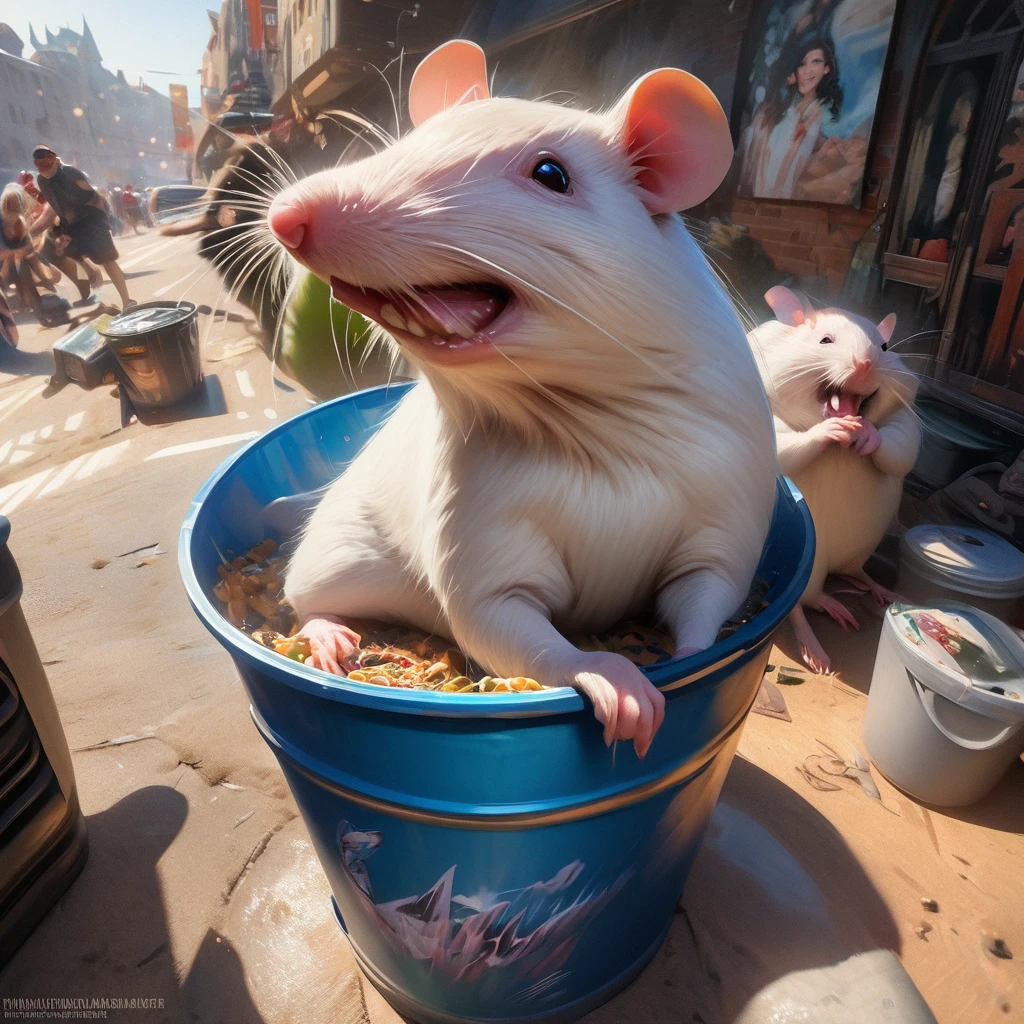 (best quality,4k,8k,highres,masterpiece:1.2),ultra-detailed,(realistic,photorealistic,photo-realistic:1.37),HDR,UHD,studio lighting,ultra-fine painting,sharp focus,physically-based rendering,extreme detail description,professional,vivid colors,bokeh,portraits,landscape,photography,concept artists,colorful lighting pixar style rats,selfie-loving rats,stylish influencer rat,garbage can,disgusted influencer,feeding rats In this high-quality, 4k, photorealistic artwork, we find a delightful scene featuring rats in true Pixar style. A fashionably dressed influencer rat stands in front of a garbage can while other rats are surrounding it, feasting on the trash. The influencer rat, with its detailed expressions and distinct personality, acts disgusted by the trash, as if it's too gross for them to handle. Meanwhile, the other rats are happily enjoying their meal. The lighting in this scene is professionally done, with studio lighting that brings out the vibrant colors of the rats' fur and the surroundings. The details of the rats, from their fur textures to their adorable expressions, are rendered in extreme detail. Their eyes sparkle as if they have an ulterior motive behind their actions. The artwork has a portrait-like quality, capturing the essence of these stylish rats in their natural habitat. The colors are vivid and bold, adding to the overall lively atmosphere. The lighting plays with bokeh effects, creating beautiful, colorful highlights that bring the scene to life. This artwork combines elements of landscape and portrait genres, showcasing both the lively setting and the personalities of the rats. It reflects the influence of concept artists and their imagination in creating fascinating worlds. With its high-resolution rendering, sharp focus, and physically-based rendering techniques, this artwork truly captures the essence of these quirky rats and their playful interactions. Whether it's the influencer rat posing for a selfie or the other rats devouring