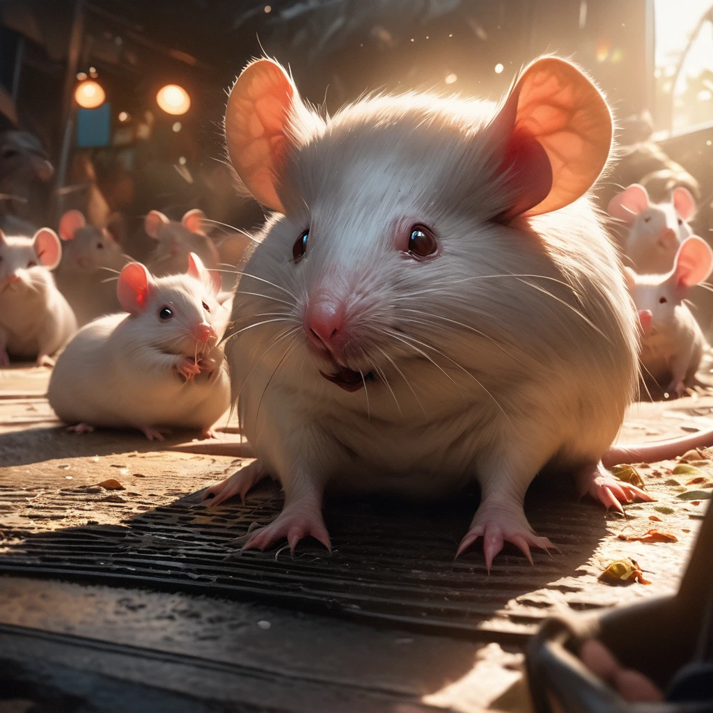 (best quality,4k,8k,highres,masterpiece:1.2),ultra-detailed,(realistic,photorealistic,photo-realistic:1.37),HDR,UHD,studio lighting,ultra-fine painting,sharp focus,physically-based rendering,extreme detail description,professional,vivid colors,bokeh,portraits,landscape,photography,concept artists,colorful lighting pixar style rats,selfie-loving rats,stylish influencer rat,garbage can,disgusted influencer,feeding rats In this high-quality, 4k, photorealistic artwork, we find a delightful scene featuring rats in true Pixar style. A fashionably dressed influencer rat stands in front of a garbage can while other rats are surrounding it, feasting on the trash. The influencer rat, with its detailed expressions and distinct personality, acts disgusted by the trash, as if it's too gross for them to handle. Meanwhile, the other rats are happily enjoying their meal. The lighting in this scene is professionally done, with studio lighting that brings out the vibrant colors of the rats' fur and the surroundings. The details of the rats, from their fur textures to their adorable expressions, are rendered in extreme detail. Their eyes sparkle as if they have an ulterior motive behind their actions. The artwork has a portrait-like quality, capturing the essence of these stylish rats in their natural habitat. The colors are vivid and bold, adding to the overall lively atmosphere. The lighting plays with bokeh effects, creating beautiful, colorful highlights that bring the scene to life. This artwork combines elements of landscape and portrait genres, showcasing both the lively setting and the personalities of the rats. It reflects the influence of concept artists and their imagination in creating fascinating worlds. With its high-resolution rendering, sharp focus, and physically-based rendering techniques, this artwork truly captures the essence of these quirky rats and their playful interactions. Whether it's the influencer rat posing for a selfie or the other rats devouring