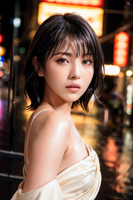 Random Pause, Mix 4, (8k, RAW Photos, highest quality, masterpiece: 1.2), (Realistic, Realistic: 1.37), a girl, cute, Cityscape, night, rain, Wet, Professional Lighting, Photon Mapping, Radio City, Physically Based Rendering, Gradient Brunette, Gray Hair, Short Curls, good looking, girl, White jersey, High quality photos, High resolution, 1080p, (Clear Face), (Detailed face description), (Detailed hand description), (masterpiece), (Exquisite CGI), Extreme light and shadow, Messy Hair, masterpiece, Rich details, (Beautiful Faces), (highest qualityの写真), (masterpiece), (Fine grain), Look in front of you, Thin clavicle, Medium chest