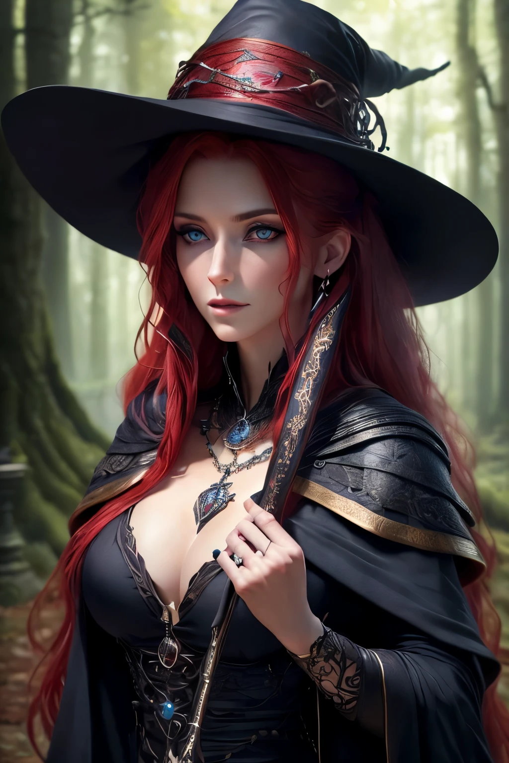 (best quality,4k,8k,highres,masterpiece:1.2),ultra-detailed,(realistic,photorealistic,photo-realistic:1.37), a powerful Sorceress with scarlet hair and piercing blue eyes, black clothes, casting spells in a mystic forest, dark magic