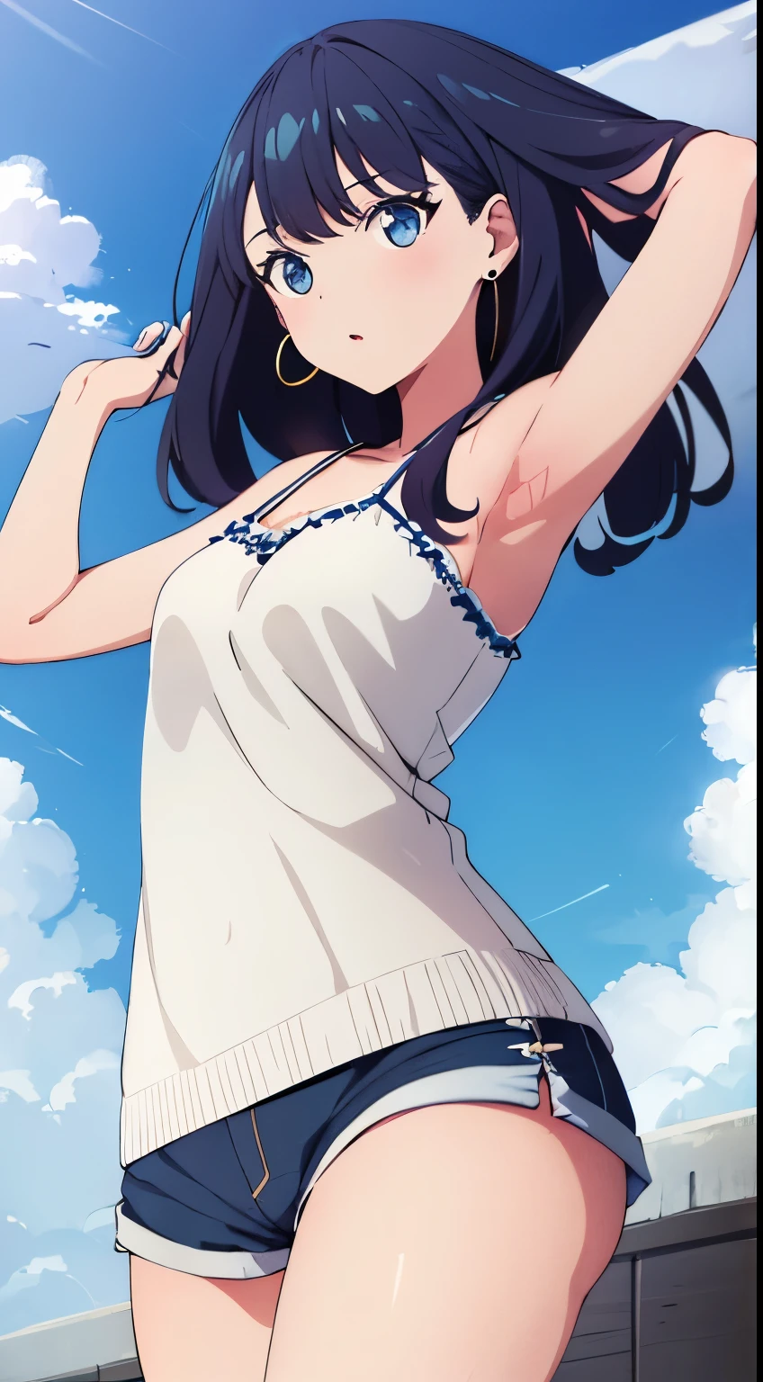 ((highest quality)),((Very detailed)),masterpiece,Anime art style,Absurd,One girl,((Dynamic pose)) , alone, Black Hair, young woman, Beautiful Fingers, Beautiful long legs, Beautiful body, Beautiful Nose, Beautiful character design, Perfect eyes, Perfect face, Expressive eyes, Perfect balance, (camisole,Shorts,Earrings,camp,blue sky),View your viewers, In the center of the image,Cowboy Shot,