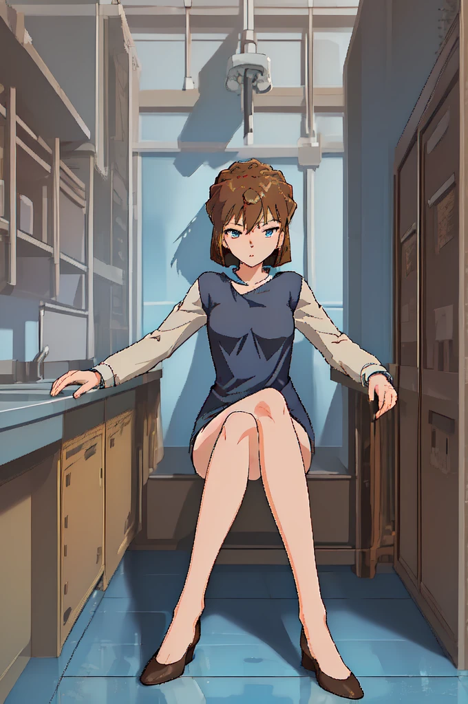 1 Girl, Brown hair,short hair,blue eyes,whole body,laboratory,sitting,, (masterpiece, best quality, high quality, high resolution, Super detailed)