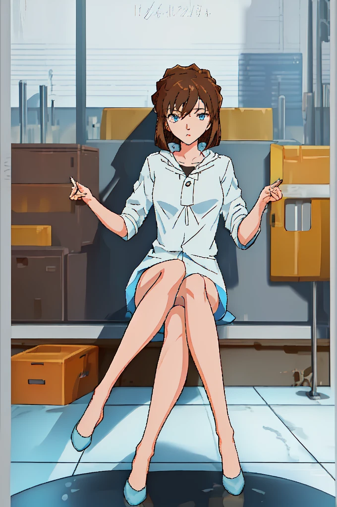 1 Girl, Brown hair,short hair,blue eyes,whole body,laboratory,sitting,, (masterpiece, best quality, high quality, high resolution, Super detailed)